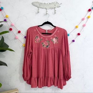 Solitare Pink Embroidered Texutured Floral Boho Blouse LARGE
